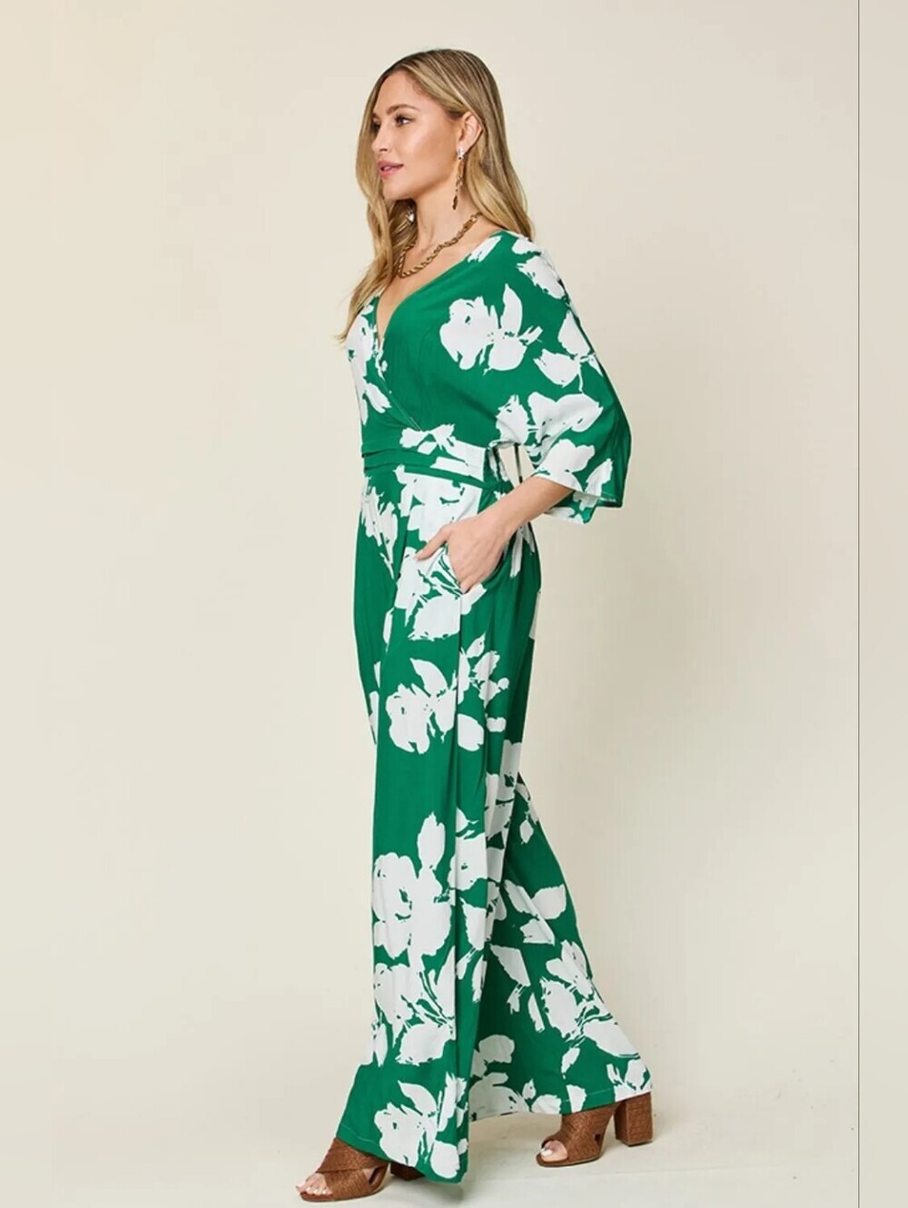 Double Take Full Size Printed Tie Back Wideleg Green Wht Jumpsuit Multiple Sizes - Picture 3 of 5